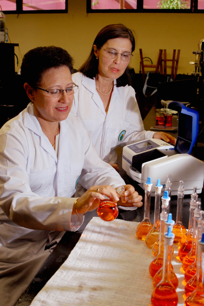 Ana Lorena Alvarado y Miriam Barquero trabajando con químicos