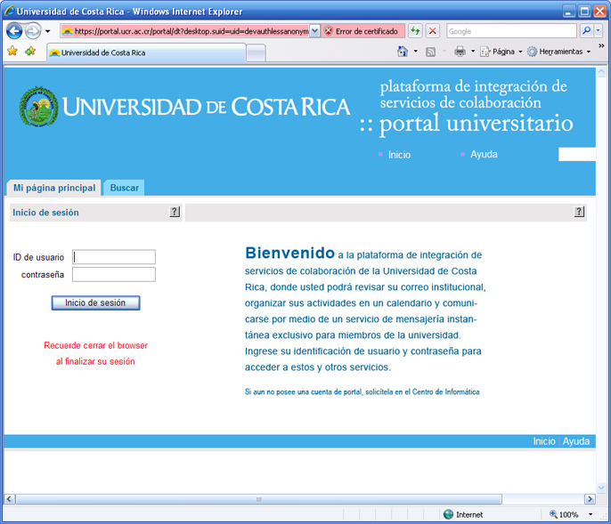 Página de entrada al Portal Universitario