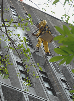 Trabajador limpiando ventanas en edificio