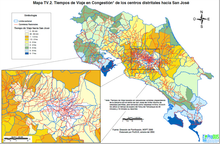Mapa tiempos de viaje de distritos a San José