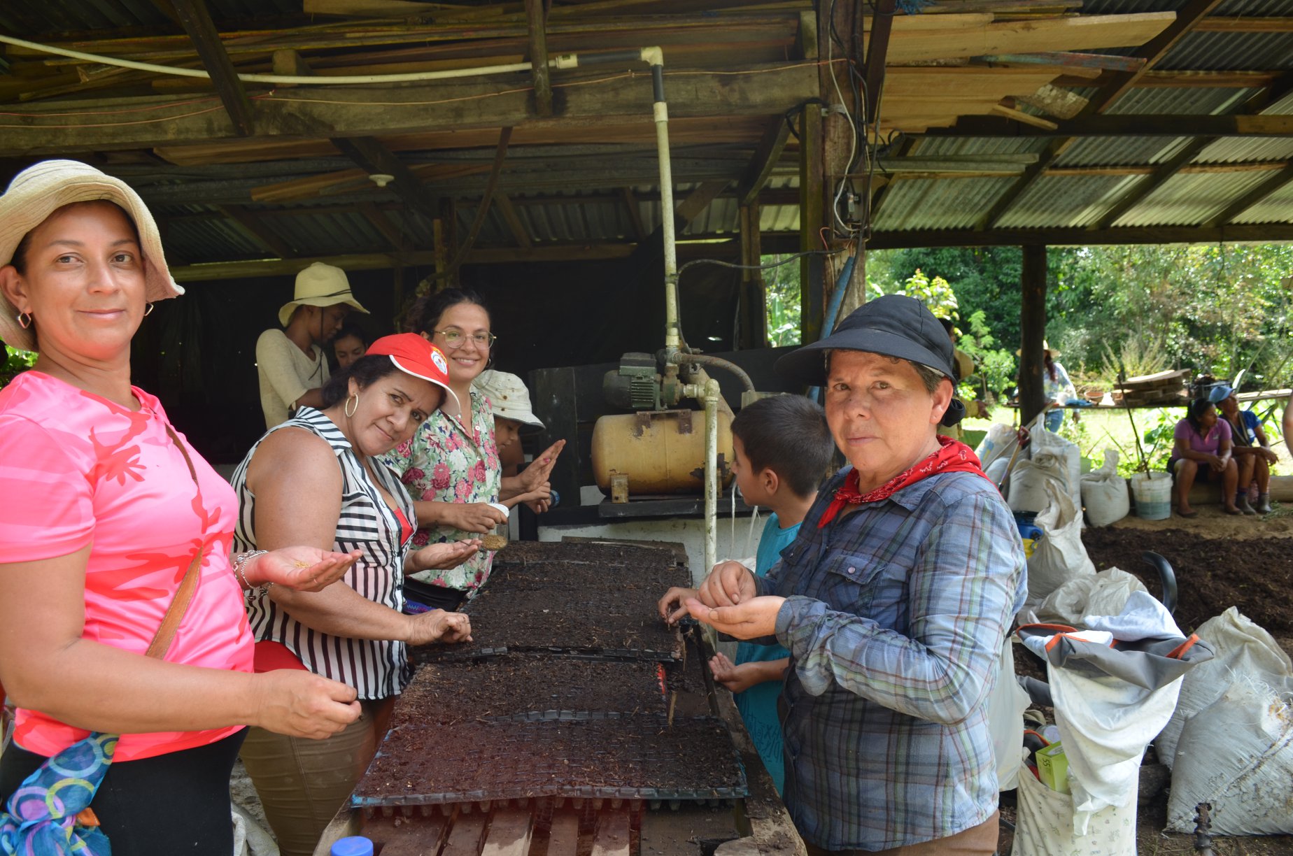 Cuatro mujeres y un niño siembran en semilleros