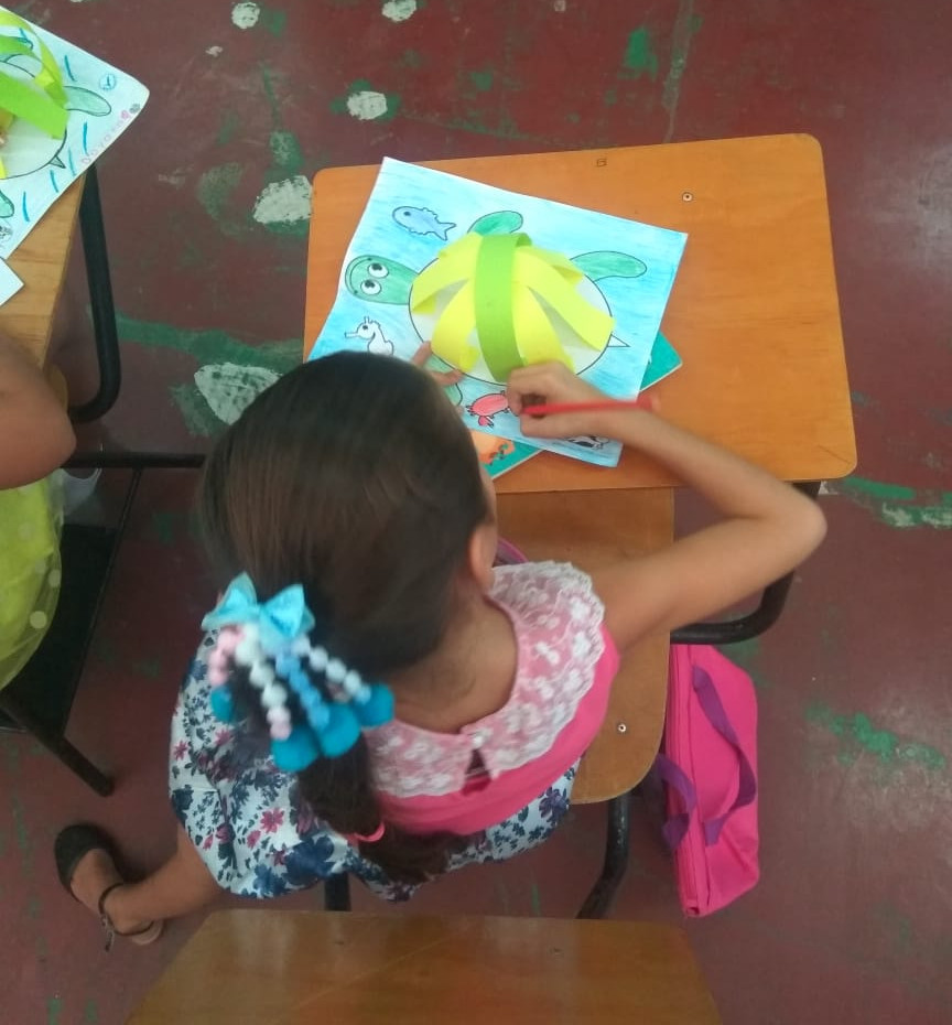 Una niña colorea un dibujo de una tortuga