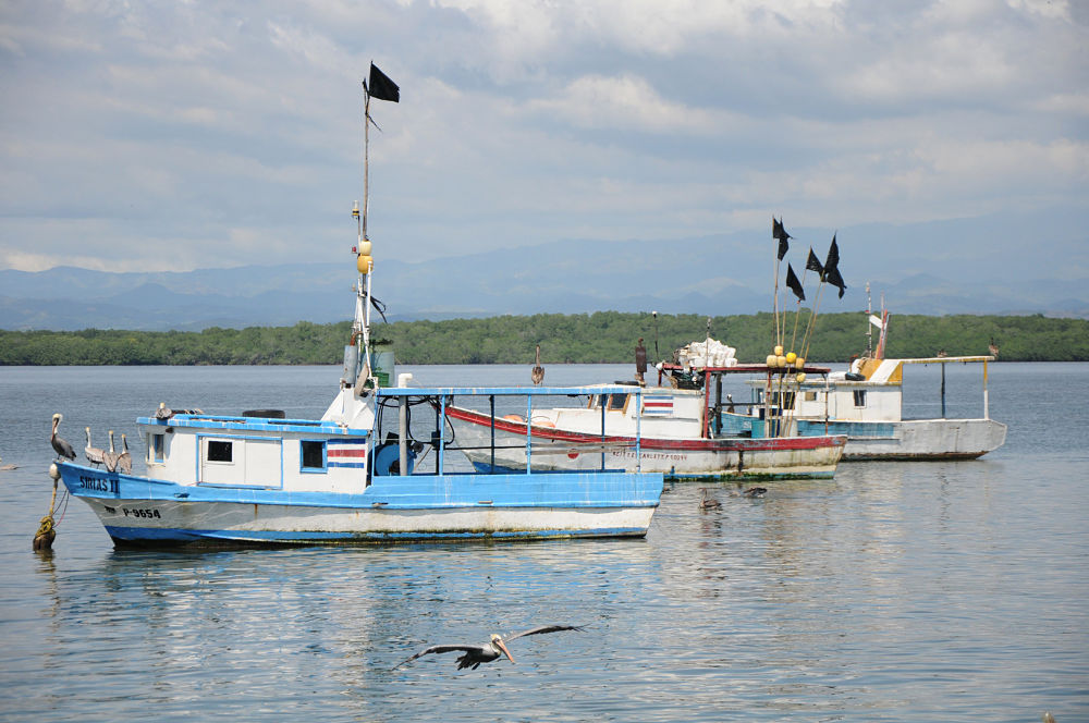 Tres botes pesqueros en el estero de Puntarenas