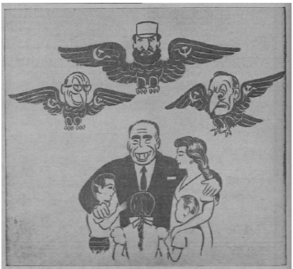 Caricatura del presidente que protege al país del comunismo