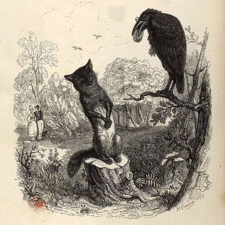  “El cuervo y el zorro”, parte de las Fábulas, de Jean de La Fontaine. Ilustración de Jean Ignace …