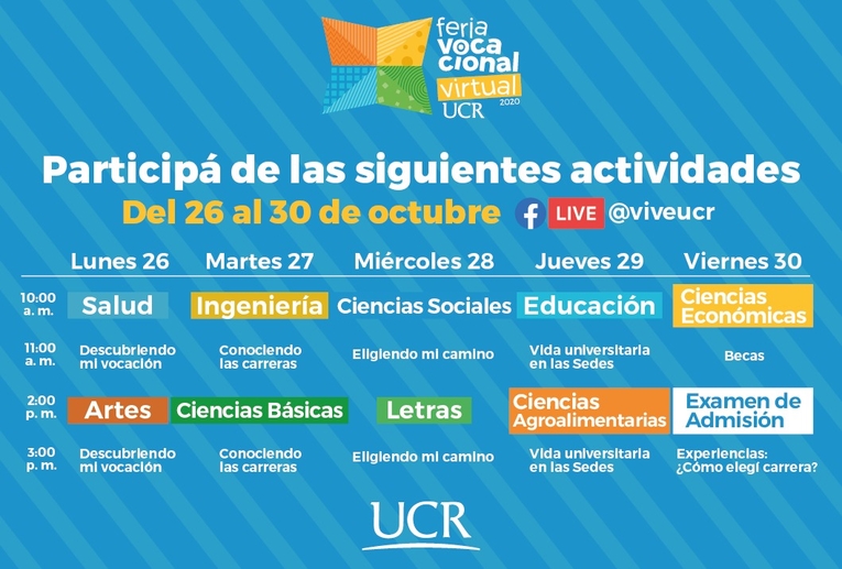 Programa de actividades de la Feria Vocacional Virtual UCR 2020.