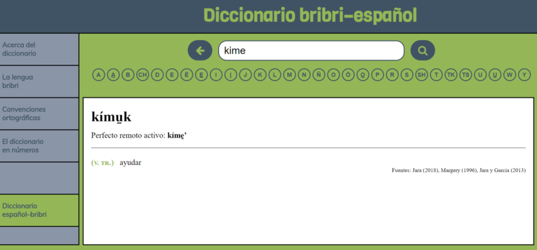 Diccionario digital bribri Ejemplo de búsqueda de la palabra kíme̱, la cual aparece en el rótulo de la foto principal de …
