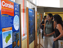 Jóvenes viendo afiches en exposición