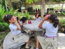 Estudiantes de primaria utilizando visores de realidad virtual