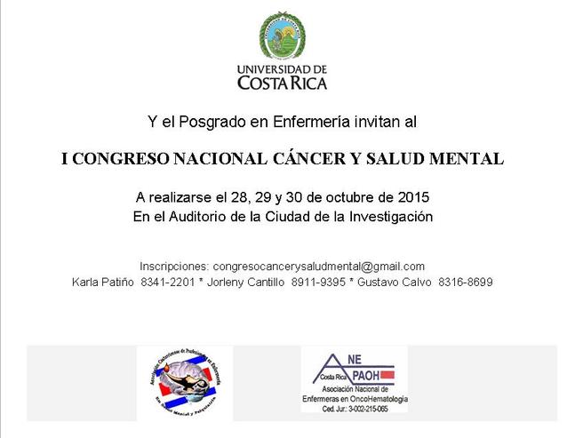  Inscripción: congresocancerysaludmental@gmail.com 