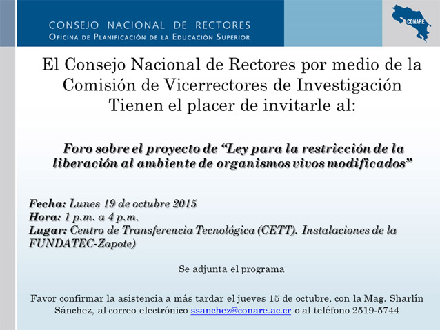  Fecha límite para confirmación de asistencia: 15 de octubre por medio del teléfono y correo …