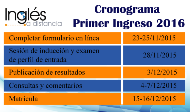 Cursos: Cronograma Primer Ingreso Programa Inglés a Distancia 2016 Completar requisitos solicitados en la página de Inglés adistancia para el proceso de …