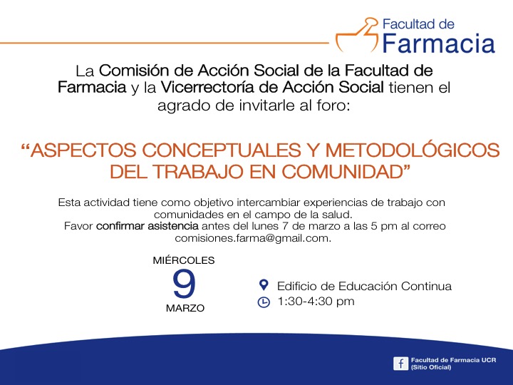  Confirmar asistencia: comisiones.farma@gmail.com antes del 7 de marzo, 5:00 p. m.  