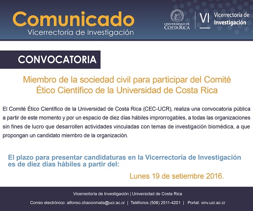  El Comité Ético Científico de la Universidad de Costa Rica (CEC-UCR), realiza una convocatoria …