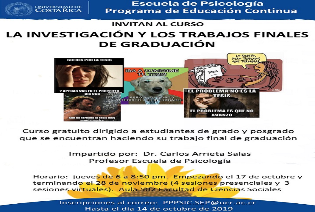  Duración: Los jueves, del 17 de octubre al 28 de noviembre, de 6:00 a 8:50 p. m. en el aula 502 …