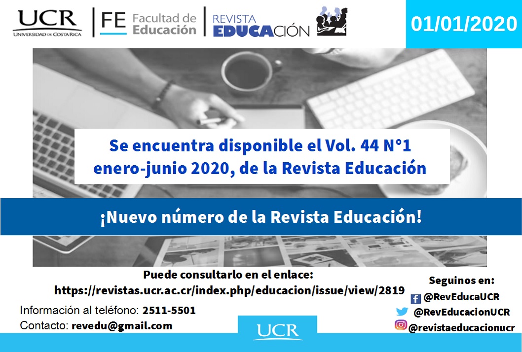  Se encuentra disponible el Vol. 44 N°1 enero-junio 2020, de la Revista Educación  