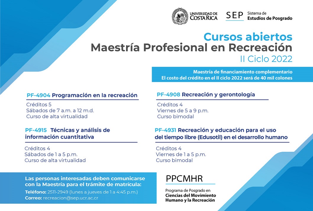 Cursos abiertos de la Maestría Profesionalen Recreación para el II Ciclo 2022PF-4904 …