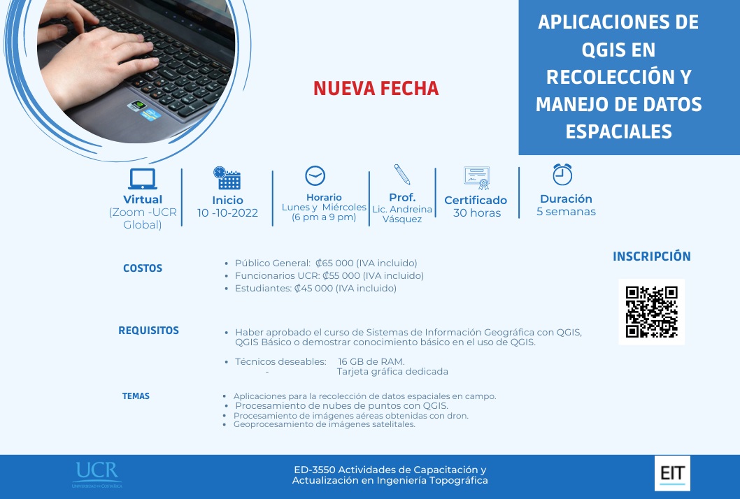 Cursos: Aplicaciones de QGIS en recolección y manejo de datos espaciales Inicio del curso: 10-10-2023 (virtual)Requisitos: haber aprobado el curso Sistemas de …