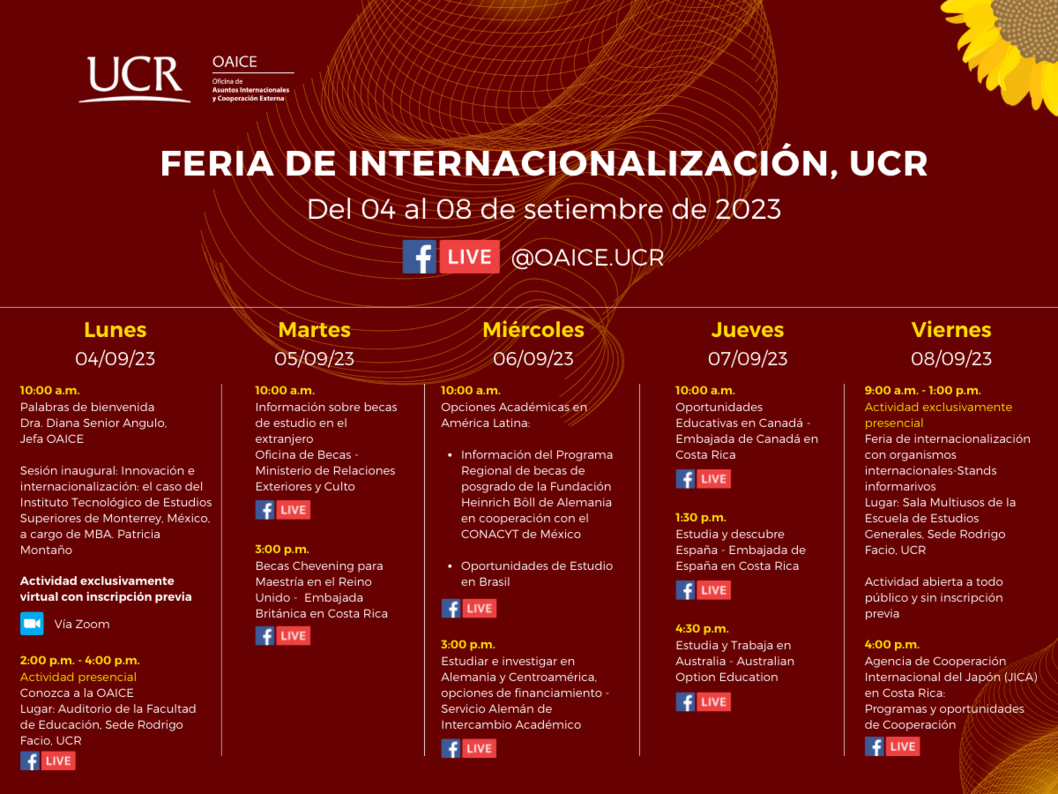  Feria de Internacionalización UCR 2023 (lunes 4 al viernes 8 de setiembre) La Oficina de Asuntos …