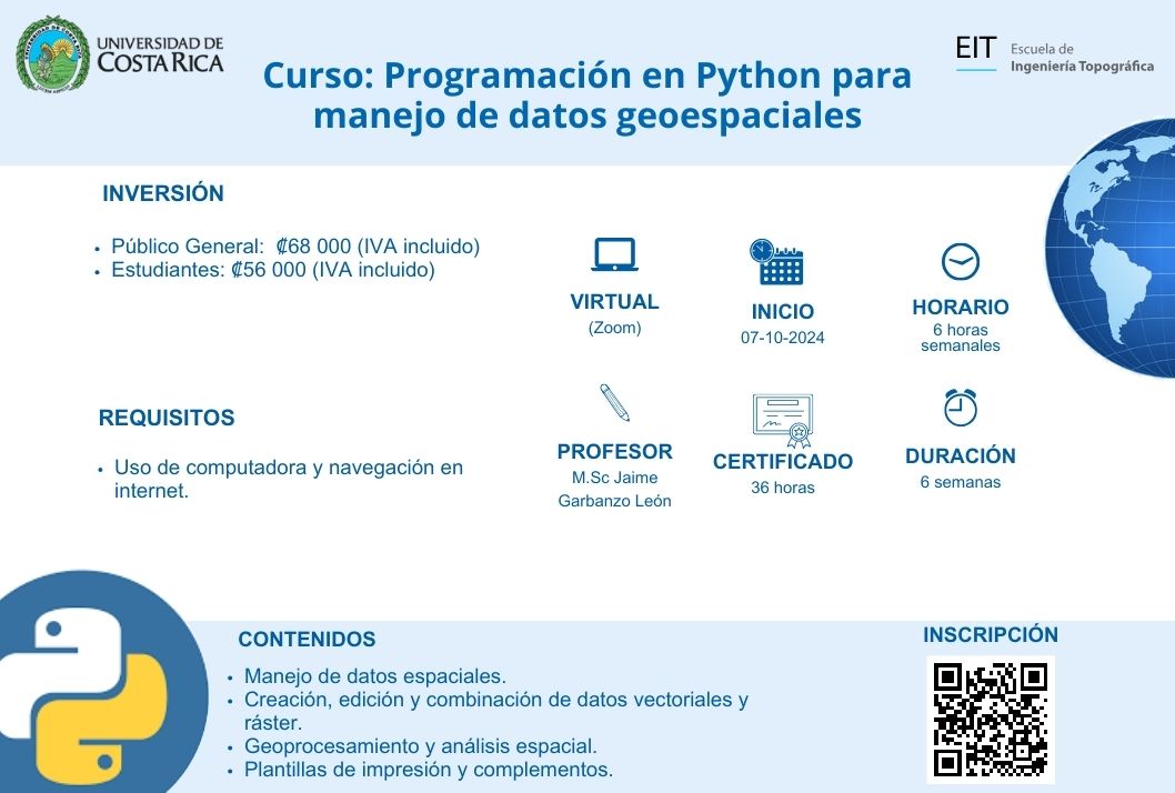  Curso: Programación en Python para el manejo de datos geoespaciales Costos: 68 000 para público …