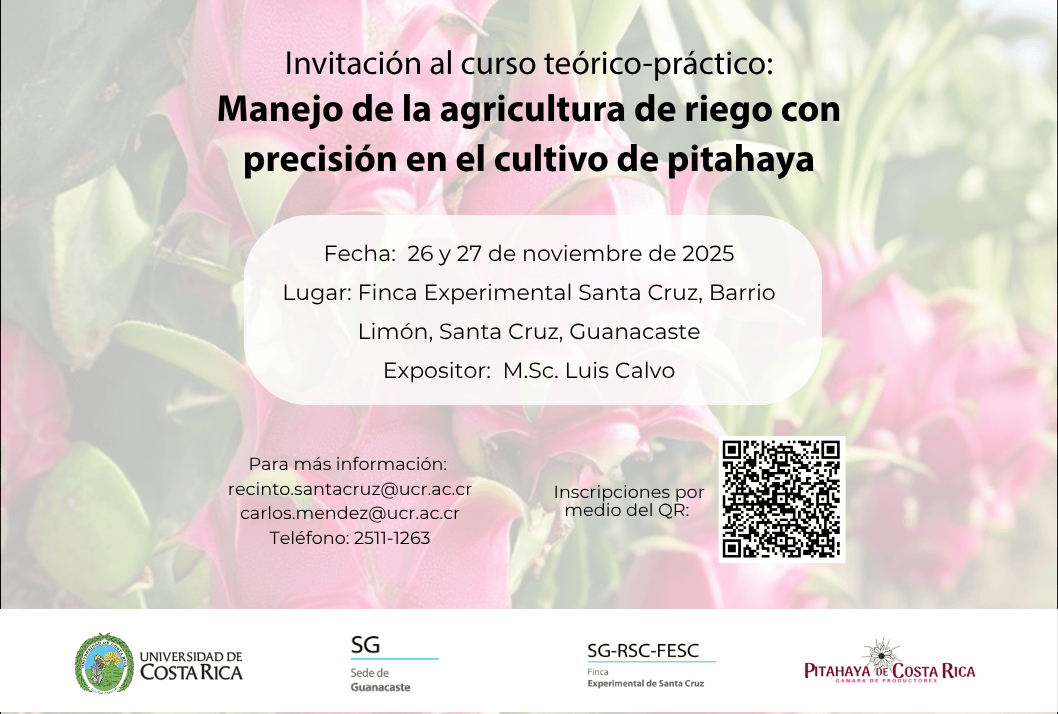 Invitación: Curso teórico–práctico: Manejo de la agricultura de riego con precisión en el cultivo de pitahaya
Temas del curso:
El Agua en el Suelo
Caracterización del suelo con fines de riego
Necesidades …