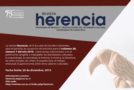 Invitación: Recepción de artículos para la Revista Herencia, Número 29, número 1, año 2015